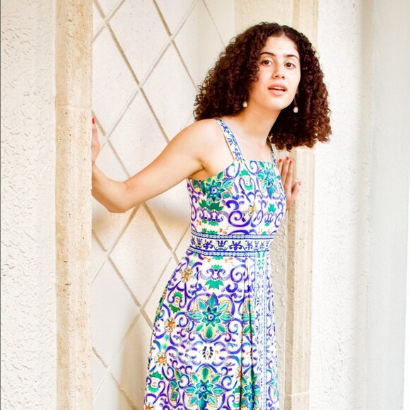 ANTONIO MELANI Paige Blue White Green Tile Italian Print Sz 0 - Picture 2 of 4